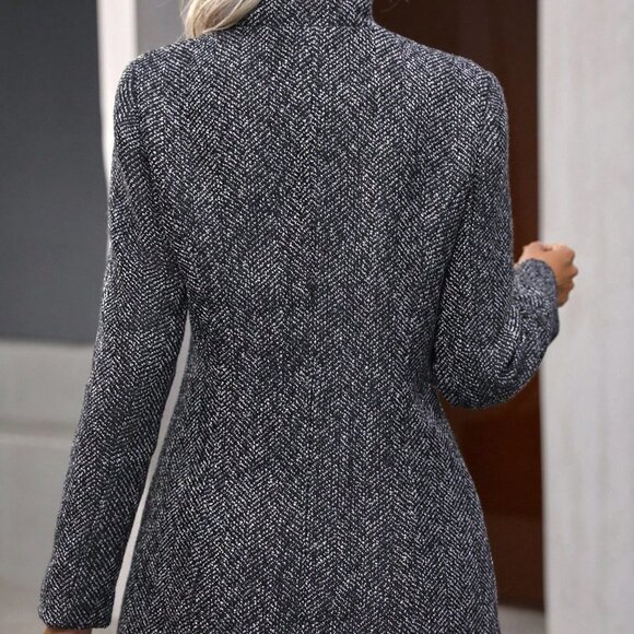 Womens Black Plaid Pattern Flap Pocket Drop Shoulder Belted Tweed Overcoat - Picture 3 of 5